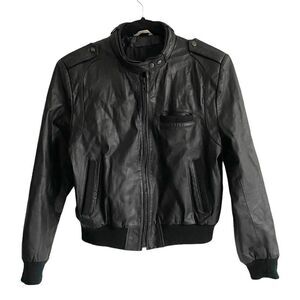 ADA Leather Zip Front Long Sleeve Moto Bomber Jacket Black M